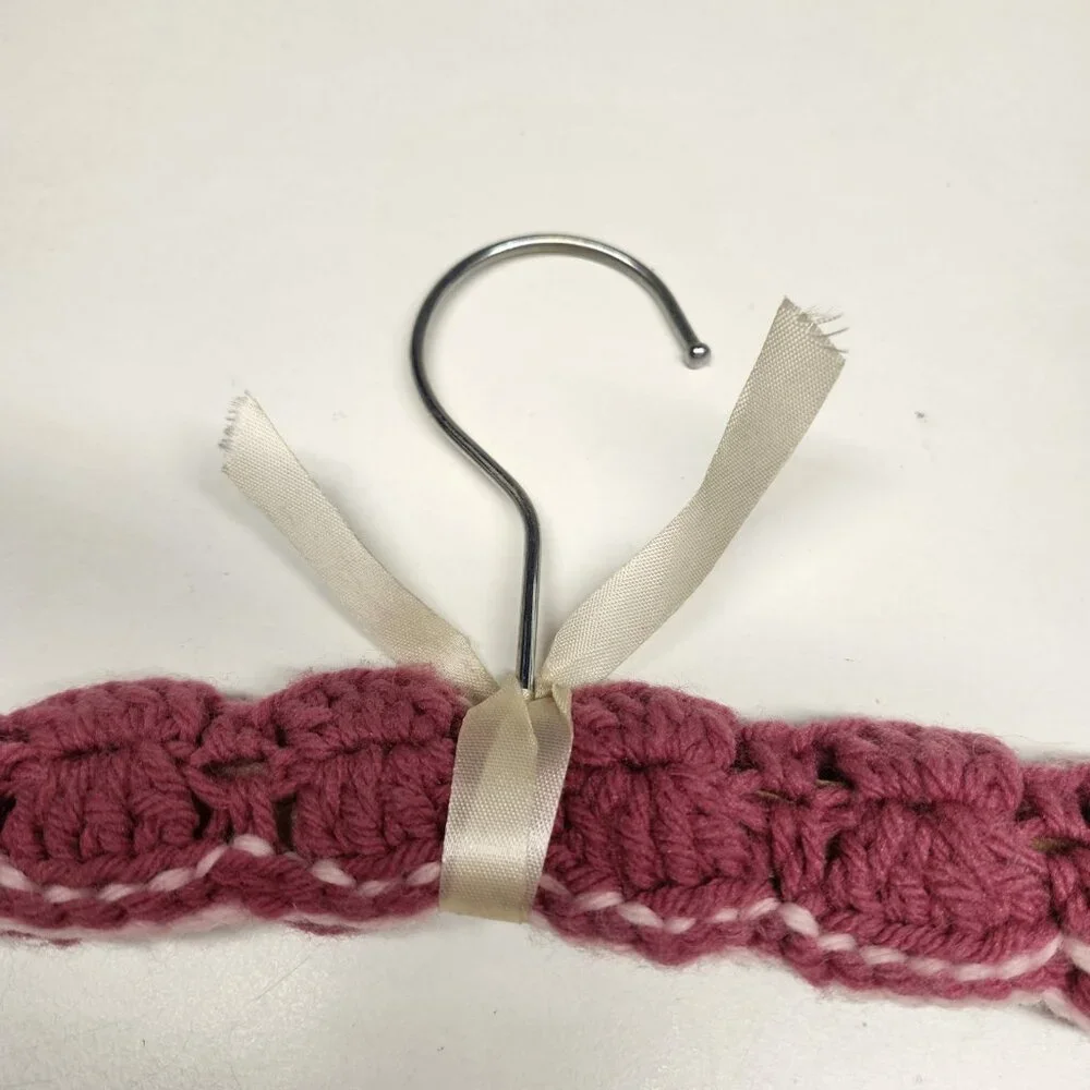 Crochet Covered Wooden Clothes Hanger Pink Vintage